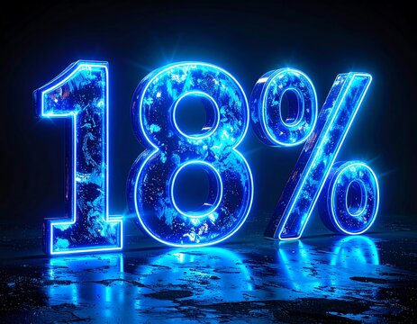 Illuminated 3D numerical representation. Digit "1", "8", and the percentage symbol are neon blue. Reflective surface and dark background