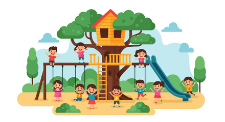 Children having fun playing on a treehouse playground with swings and slide
