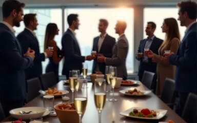 Blurred shot of business people at party in office center, standing and talking, backs turned, with food and champagne glasses on the table, creating a professional and elegant atmosphere