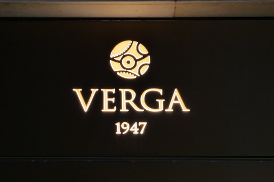 Verga banner in Gae Aulenti square, modern district of Milan, Lombardy, Italy