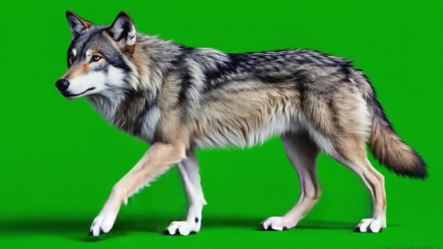 A wolf with brown and gray fur walking slowly across a green screen background in a studio setting green screen wolf video