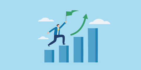 Man running up graph with flag representing business success and growth