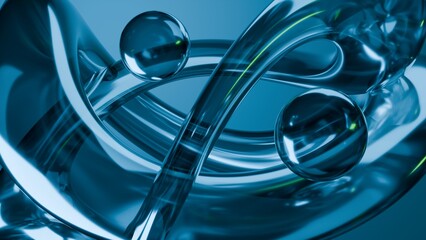 Obraz premium Fluid liquid blue glass shapes and spheres abstract background. 3d illustration
