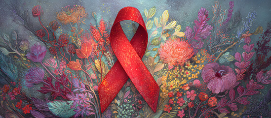 World AIDS Day awareness banner with red ribbon and floral design.