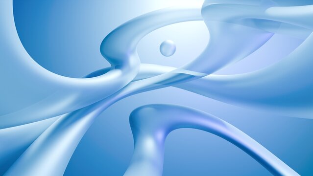 Fluid liquid blue glass shapes and spheres abstract background. 3d illustration