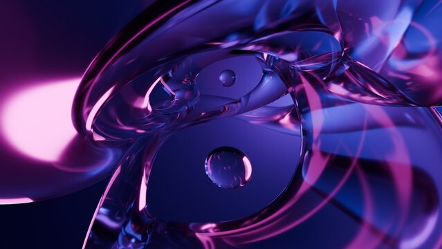Fluid liquid blue glass shapes and spheres abstract background. 3d illustration