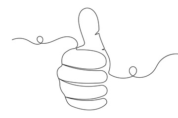 Thumbs up hand symbol in continuous one line drawing with clean minimalist outline illustration with white background

