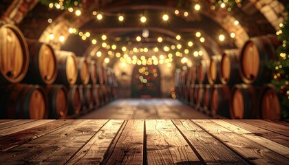 Fototapeta premium Cozy barrel cellar, wood floor, warm lights