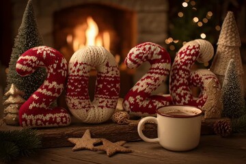 Una acogedora escena navideña con números tejidos, un mug de chocolate caliente y un ambiente cálido y festivo.