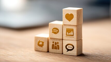 Stacked wooden blocks featuring various icons representing communication, social interaction, and data analysis on a wooden surface in a modern workspace