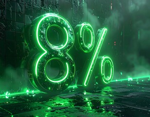 Futuristic 3D neon graphic shows the number eight followed by a percent sign, glowing intensely green against a textured backdrop