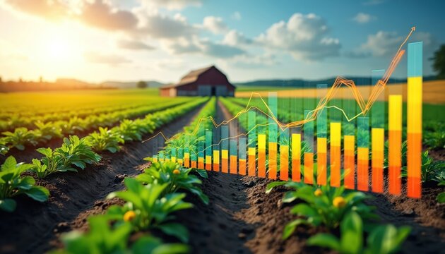 Farm field with rows of green plants growing toward barn. Digital graph overlay shows rising stats. Represents agritech growth, crop yields, and business analytics.