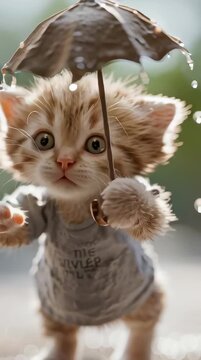 Un adorable gatito vestido con una camiseta gris corre bajo un paraguas en un d&iacute;a lluvioso.