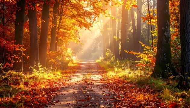 A sun-drenched pathway winds through a forest of tall trees in autumn, leaves of orange and red