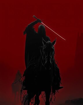 Un jinete espectral cabalga a trav&eacute;s de un paisaje rojo y brumoso, portando una espada que brilla con una luz fantasmal.