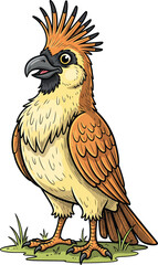 A charming cartoon illustration of a brown crested bird with a spiky mohawk standing on grass.