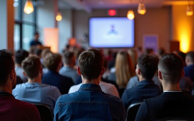 An audience gathered in a conference setting, engaged in a presentation. The space showcases professional and learning themes with focused participants and modern indoor decor. High quality