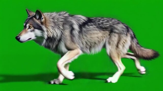 A wolf with gray and white fur walking across a green screen background in a side profile view green screen wolf video