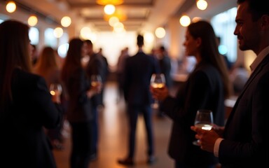 Blurred background of a business cocktail event, with soft lighting and silhouettes of professionals networking in an upscale venue. High quality