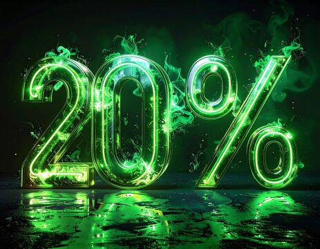 Digitally created illustration showcasing a luminous green percentage, signifying twenty percent off against a dark backdrop