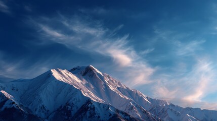 Majestic snow-capped mountain under a blue sky with wispy clouds at sunset