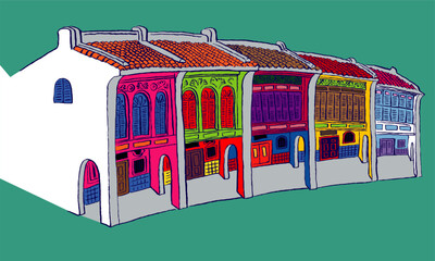 Colorful historical colonial style shop houses street.
