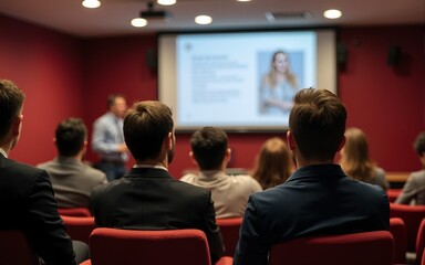 business training seminar education lecture staff meeting or workshop, abstract people group siting in auditorium learning listening to presentation. High quality