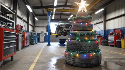 tire christmas tree decorated with lights, stacked used tires wrapped in colorful bulbs and topped with star inside busy auto repair garage, car on lift and red tool cabinets in background, wet.