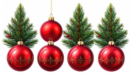 Naklejka premium Red ornaments, green fir sprigs, festive Christmas decor
