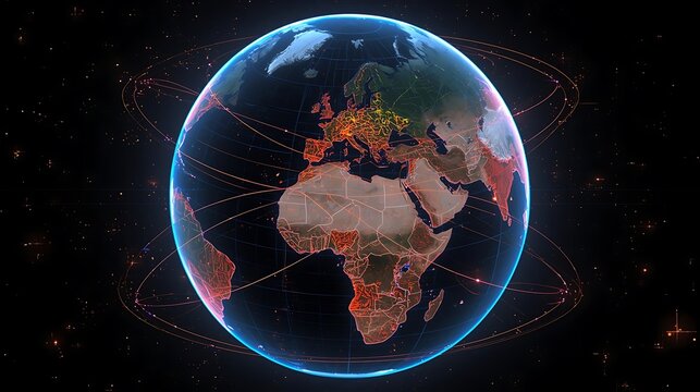 Digital world map with glowing data lines and global connections