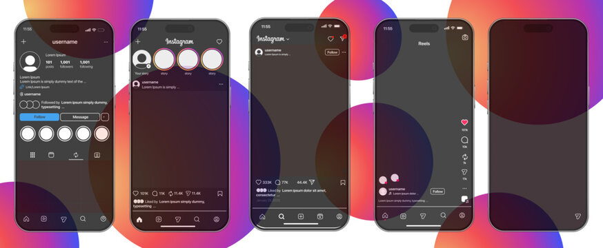 Instagram app Template UI App new 2026 update shown on iPhone 17 in dark mode, featuring modern post, reel, and explore layouts with updated icons and liquid glass iOS 26 interface 