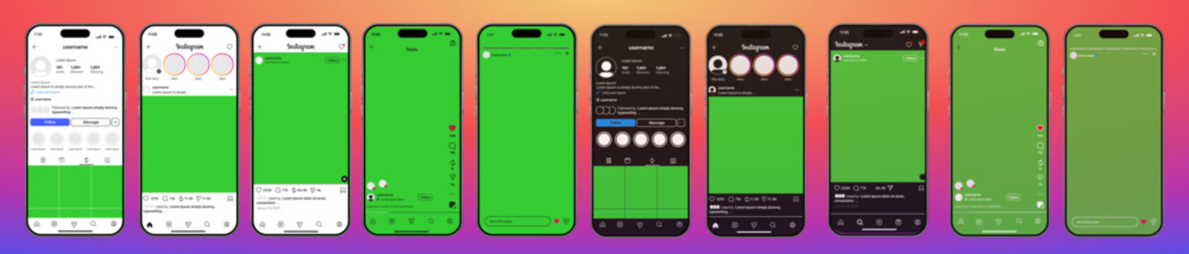 Instagram dark mode and white mode PNG pack with toolbars, logo, interface icons, story frames, reels overlays, post buttons, and transparent background for social media design