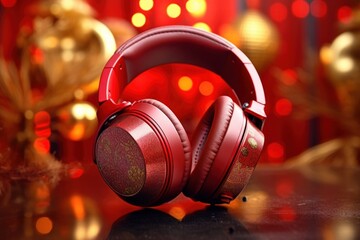 Fototapeta na wymiar Chinese New Year style of Headphones headphones headset red.