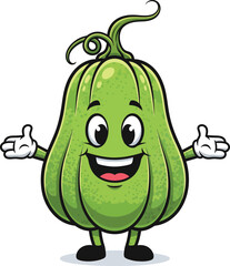 A cheerful green chayote squash cartoon mascot with a big smile and welcoming open arms.