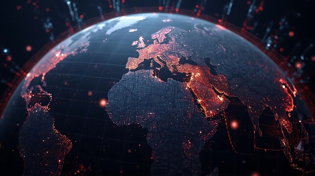 Global digital network earth, illuminated continents, data flow