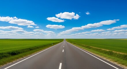 Fototapeta premium A long straight road through green fields under a blue sky with clouds
