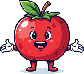 A cheerful red cartoon tomato character with a happy face and open arms.