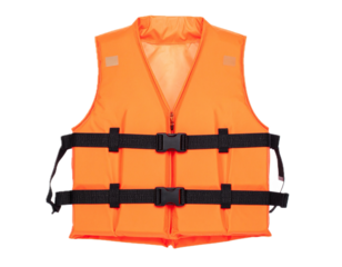Isolated bright orange life jacket for water recreation or boating safety apparel equipment