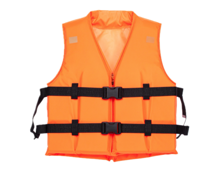 Isolated bright orange life jacket for water recreation or boating safety apparel equipment - Powered by Adobe