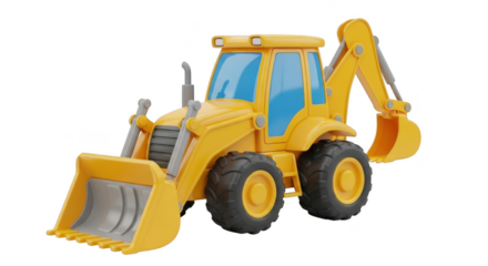 Yellow toy backhoe loader isolated on transparent background