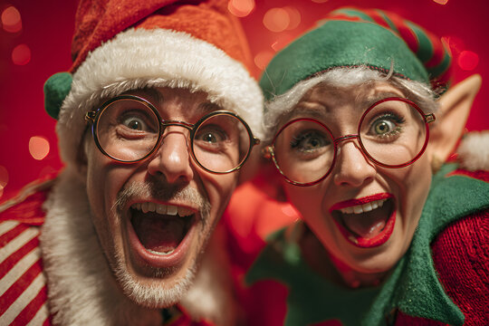 Full size photo of excited two people santa claus elf dancing enjoying midnight party wearing eyeglasses eyewear hat headwear spectacles isolated over red background