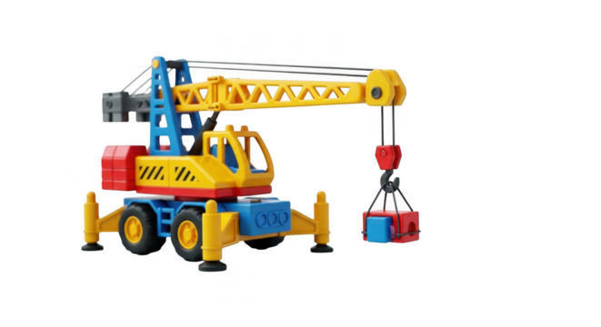 Colorful toy construction crane isolated on transparent background