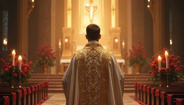 Man in white and gold robe stands before church altar. Candles and red flowers adorn pews. Blurred background shows cross and lights. Religious ceremony or prayer service.