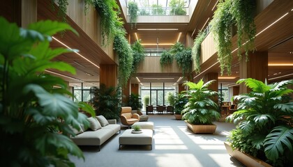 Modern office atrium filled with green plants. Natural wood accents, comfortable seating create calm, eco-friendly workspace. Sunlight streams through large windows, skylights, illuminating vibrant