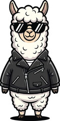 A cool cartoon llama with fluffy white wool wearing black sunglasses and a leather biker jacket.