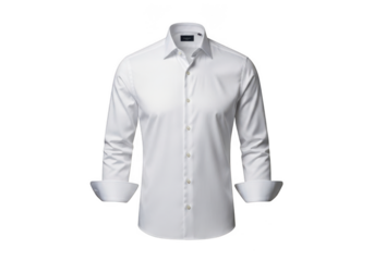 Classic white long sleeve dress shirt for men with rolled up cuffs, isolated on transparent background