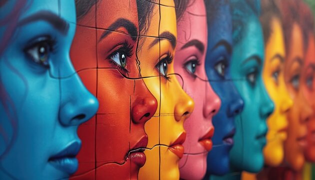 Colorful puzzle pieces form faces showing unity and diversity. People connect, showing teamwork, belonging, and inclusive acceptance. Team works together.