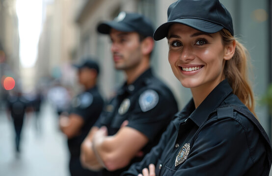 Security officers in uniform stand on city street. Woman smiles at camera, men behind her with arms crossed. Team ready for duty, ensuring public safety. Protection service in urban setting.