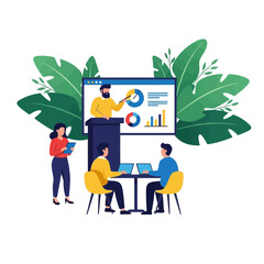 Business presentation with speaker at podium and two people with laptop isolated on