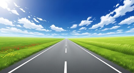 A straight road through green fields under a blue sky